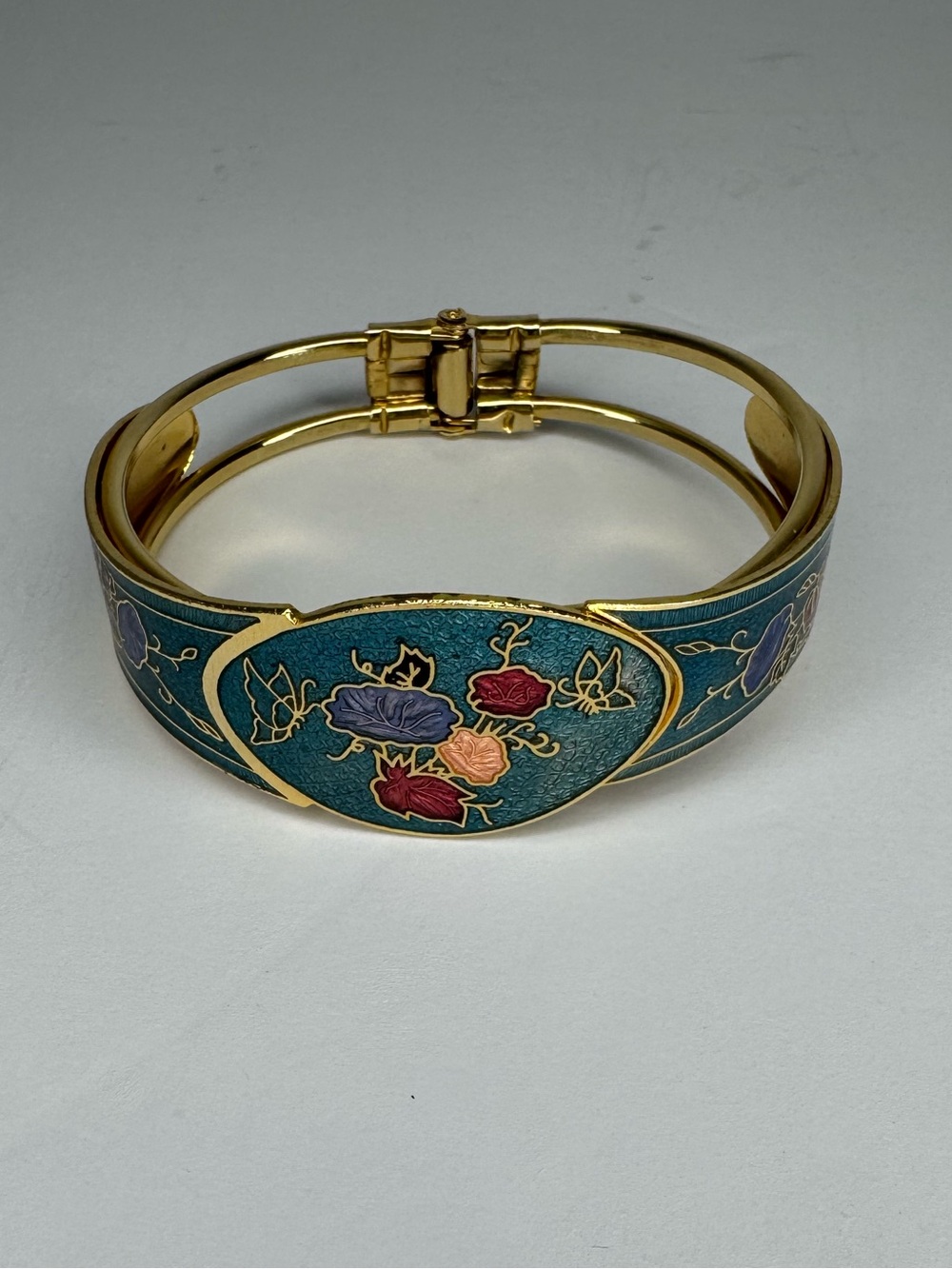Vintage Cloisonné Enamel Floral Bangle Bracelet Gold Tone Hinged Boho